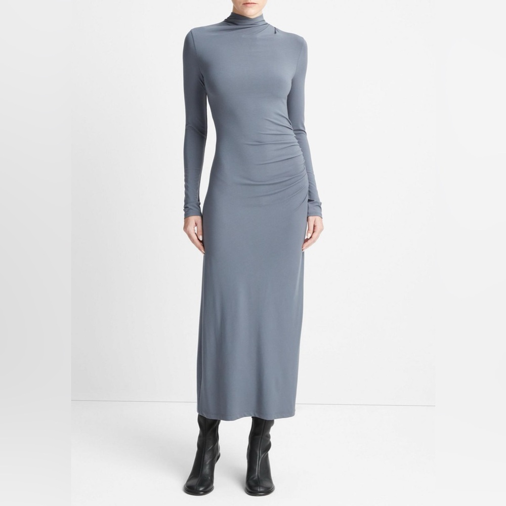 Vince Ruched Long-Sleeve Turtleneck Dress